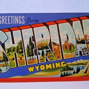 Carte postale Bonjour de Sheridan, Wyoming, grande lettre, grande lettre, tente de lac inutilisée, cadeau unique