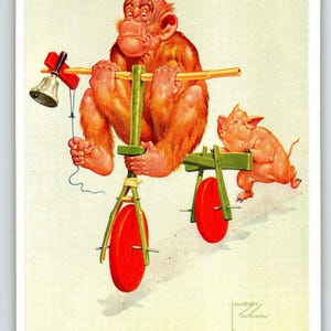 Affe Schwein Schieberad Fahrrad Postkarte Larson Holz signiert Fantasy Anthropomorph Einzigartiges Geschenk