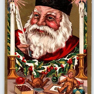 May include: Vintage Christmas card featuring Santa Claus with a white beard and red hat, holding a quill. The card includes candles, holly, and a child in a brown outfit, with the text "A Merry Christmas."