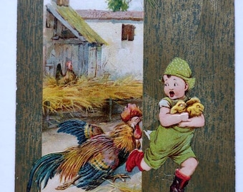 Oster Postkarte Kind Hahn Baby Küken John Winsch Rückseite geprägt 1909 Deutschland Einzigartiges Geschenk