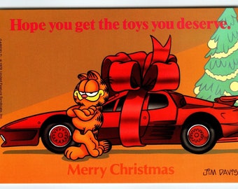 Garfield Christmas Postcard Red Sports Car Jim Davis Comic Orange Tabby Cat 1978