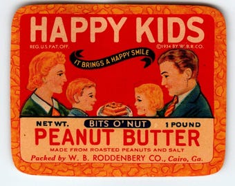 Happy Kids Peanut Butter Vintage Jar Label 1940s Boy Girl Mom Dad Bits O Nut