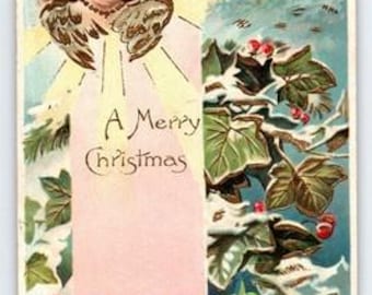 Vintage Weihnachtspostkarte mit Engel & Holly Gedruckt in Deutschland