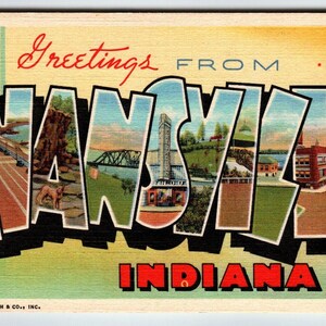 Salutations d'EvansvilIe Indiana grande lettre carte postale Linen Curt Teich inutilisé cadeau unique