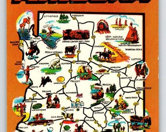 Postkarte Greetings from Arizona Map Chrom Saguaro Kaktus Blume