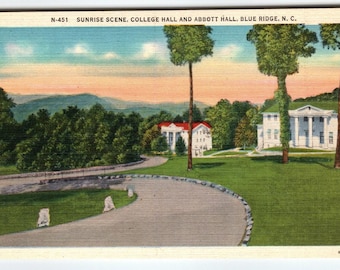 Vintage Linen Postcard Sunrise Scene College & Abbott Hall Blue Ridge NC