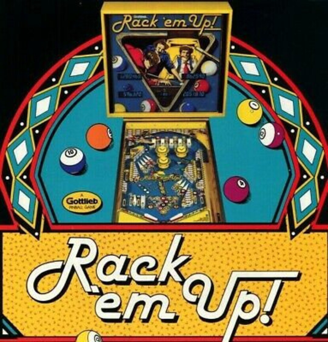 Rack Em up Pinball Flyer Original Art Print Promo Billiards Pool 1983