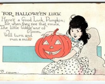 Vintage 1915 Halloween Postcard Girl Holding Jack-O'-Lantern Litho