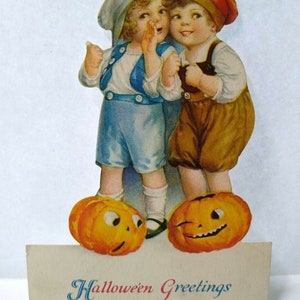 Marque-place Halloween Ellen Clapsaddle Wolf Carte postale originale pour enfants, citrouilles découpées à l'emporte-pièce JOL, cadeau unique