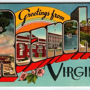 Salutations de Roanoke en Virginie, Grande carte postale des années 40, grande lettre, lin vintage