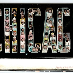 Salutations de Chicago Illinois Grande carte postale Babys Inside Monocle's 07