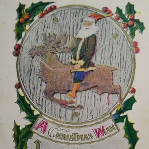 Carte postale de Noël Père Noël sur renne HB Spencer Original Antique 1915 Cadeau Unique