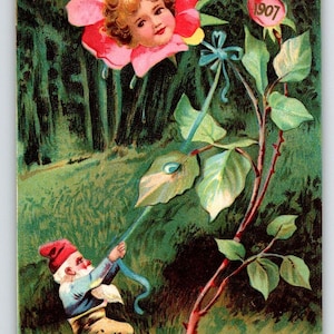 Carte postale de nouvel an Gnome fantastique Face à une fleur, bébé Art international non affiché 78 Cadeau unique