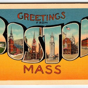 Carte postale vintage grande lettre en lin de ville de Boston, Massachusetts, Greetings From