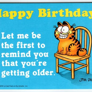 Carte postale Garfield Cat Happy Birthday Comic Jim Davis 1978 chaton inutilisé sur une chaise