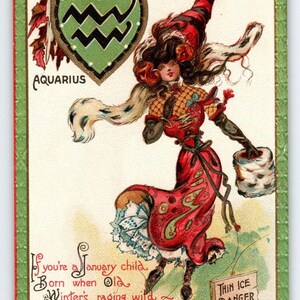 Carte postale Tuck Dwige Verseau Lady patineuse sur glace Zodiac Janvier Glace mince Danger 128