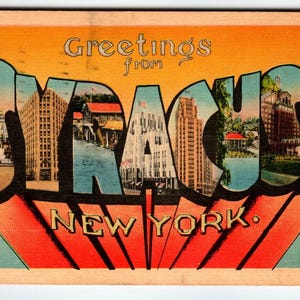 Grande carte postale aux lettres vintage des années 40 - Salutations de Syracuse, New York 1947