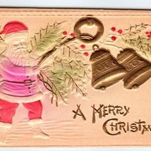 Vintage Deep Embossed Santa Claus Christmas Postcard with Bells Holiday Antique