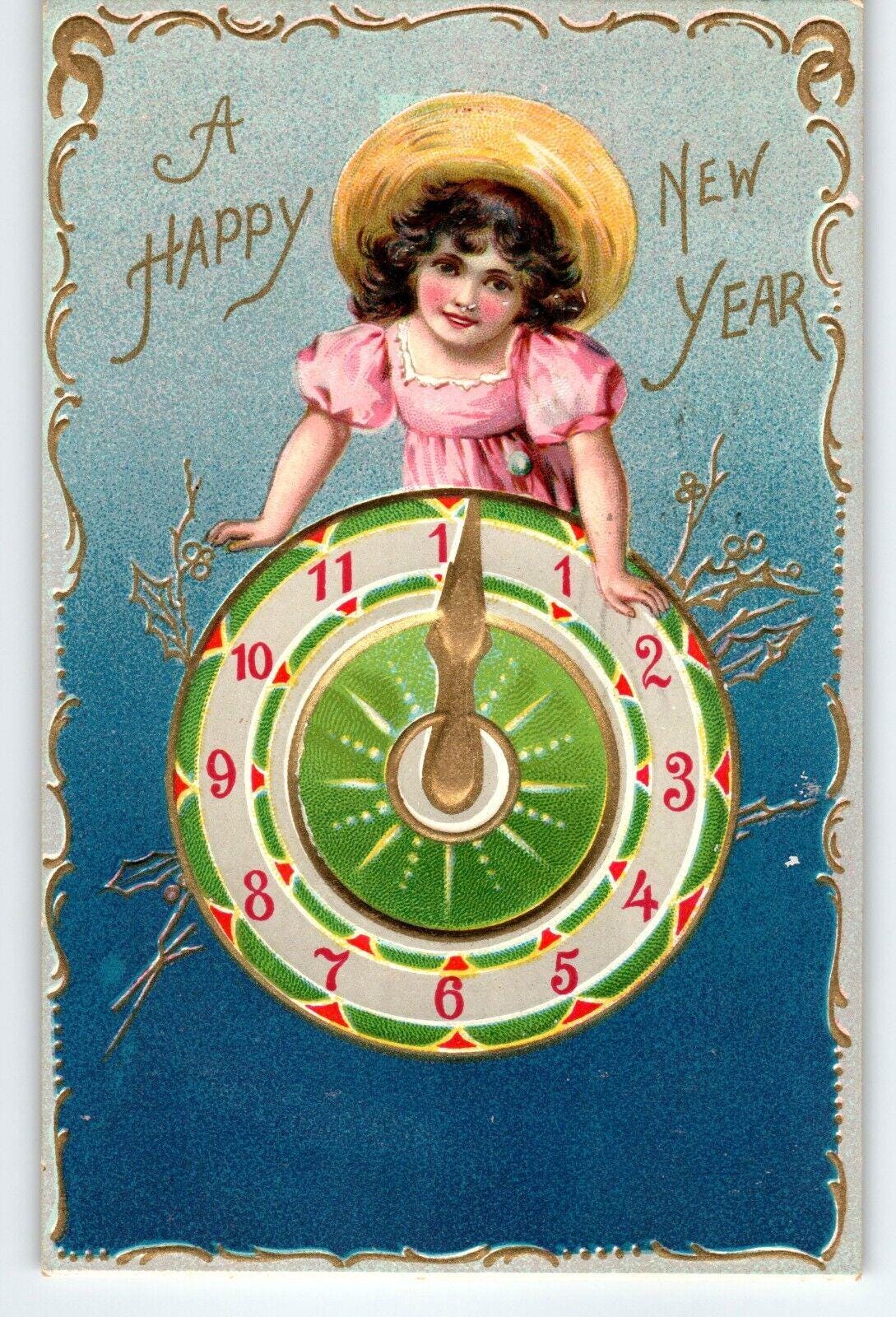New Year Postcard Tuck Clock at Midnight Girl Embossed Series 145 ...
