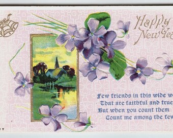 すみれ色の花と美しい教会が描かれたヴィンテージのハッピーニューイヤーポストカード