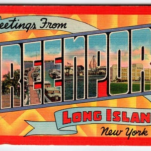 Carte postale vintage 1949 Greetings from Greenport Long Island NY Tomlin Linen Retro