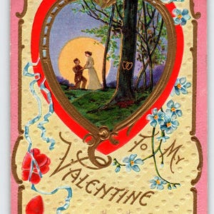 Scène de proposition de carte postale antique de la Saint-Valentin dans un cadre en forme de coeur, série n° 35 - 1910