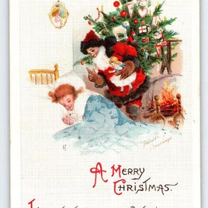 Christmas Postcard Signed Frances Brundage Santa Claus Girl Sleep Gabriel German