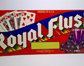 Royal Flush Holzkiste Etikett Herz Spielkarten Original 60er Jahre Vintage Obst Trauben Einzigartiges Geschenk