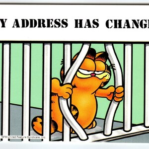 Carte postale Garfield Cat Mon adresse a changé dans une cellule de prison Jim Davis 1978 non utilisée