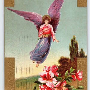 Easter Postcard 1910's Holy Angel Flying Over Garden Embossed Greetings 1911