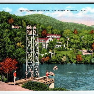 Carte postale vintage 529 Sports d'été Lake Susan Montreat NC Diving Tower & Swimmer
