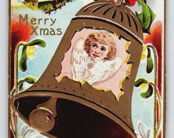 Vintage Weihnachtspostkarte Engel Glocke mit Holly & Winter Cabin Motiv Präge