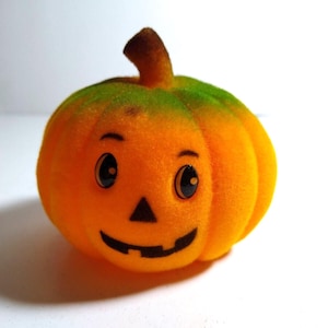 Vintage 1960's Halloween Cute Orange JOL Pumpkin Head Fuzzy Flocked Toy Hong Kong