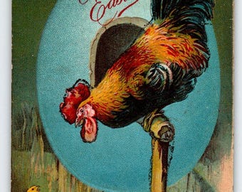 Easter Postcard Perched Rooster Looks At Baby Chick Vintage Greetings Embossed