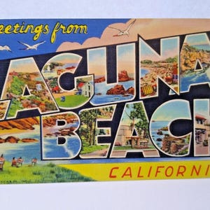 Carte postale de voeux de Laguna Beach en Californie, grande lettre, mouettes, océan, cadeau unique