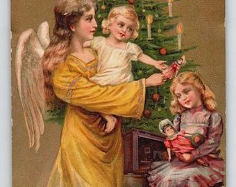 Vintage Engel & Kinder Weihnachtsbaum Postkarte Gedruckt in Deutschland Präge