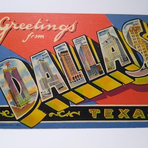 Carte postale en lin, grande lettre, grandes lettres, salutations de Dallas, cadeau unique Curt Teich