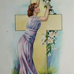Easter Postcard Tucks Victorian Lady With Lily Flowers By Cross Germany Vintage