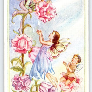 Carte postale fées Lutins Gouttes de pluie Tulipes Fantaisie Rene Cloke Carte postale Valentine & Sons