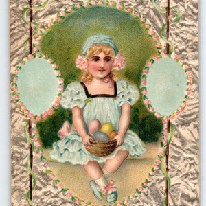 Easter Postcard Curly Haired Girl Heavy Embossing Painted Eggs Antique Vintage