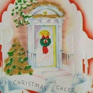 Mid Century Modern Christmas Greeting Card Cheer Glitter Decorated Tree Vintage Unique Gift