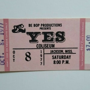 Yes Original UNUSED 1977 Concert Ticket Coliseum in Jackson MS Prog Rock Music Unique Gift