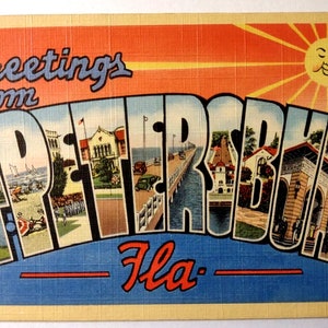 Carte postale en lin, grandes lettres, grandes lettres, Saint-Pétersbourg, Floride Carte postale Beach Town