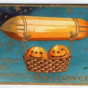 Carte postale Halloween Ellen Clapsaddle Dirigeable dirigeable Promenade en citrouille Fantasy Allemagne Carte postale cadeau unique