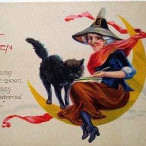 ハロウィーンポストカード 魔女と三日月の上にいる黒猫 ファンタジー ステッチャー 1238 D ユニークなギフト