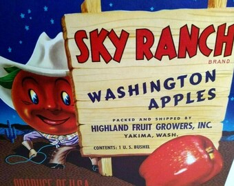 Sky Ranch Apples Crate Label Western Anthropomorphic Cowboy Man Vintage 1950s Vintage