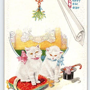 Neujahr Postkarte Weiße Kätzchen Katzen 1910 Sitzende Zylinder Hutstange Geprägte Antike