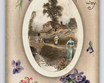 Antique 1910 Birthday Postcard with Scenic Cottage Violets Embossed Winsch Back