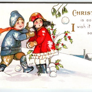 Christmas Postcard Boy Girl Throw Snowballs MEP 1915 Stecher Series 417B M Price Unique Gift