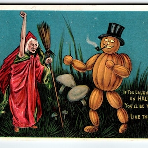 Carte postale d'Halloween humanisée gobelin homme sorcière chat anglo-américain Original 876